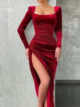 Women's Wine Red Velvet Midi Cocktail Dress With Ruched Split