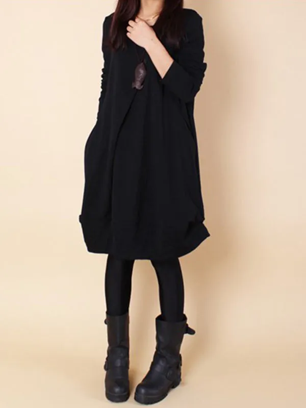 A-line Long Sleeves Pleated Solid Color Round-neck Dresses Maxi Dresses