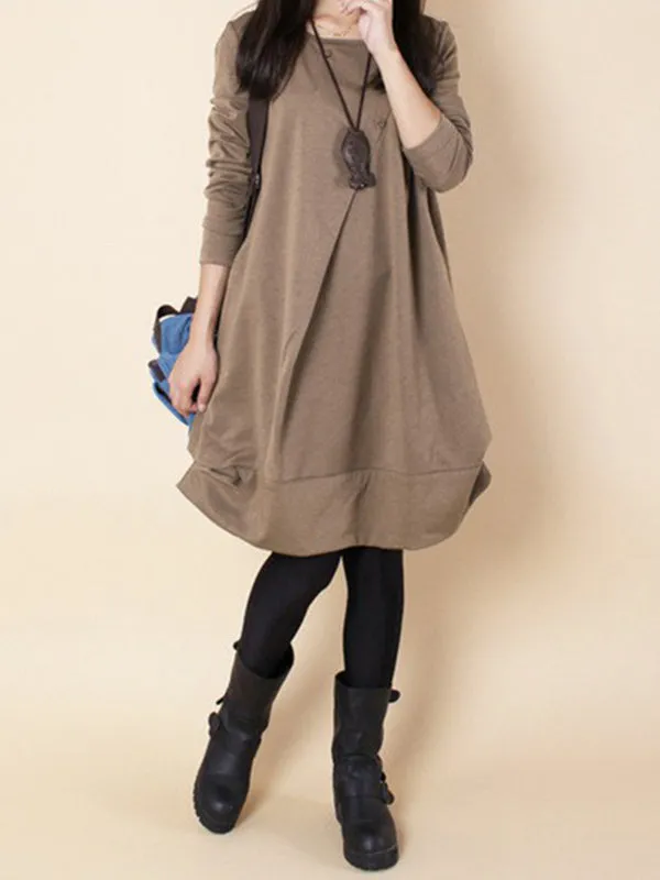 A-line Long Sleeves Pleated Solid Color Round-neck Dresses Maxi Dresses