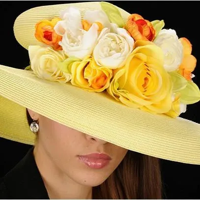 AC7026-Yellow straw ladies dress hats with assorted flowers