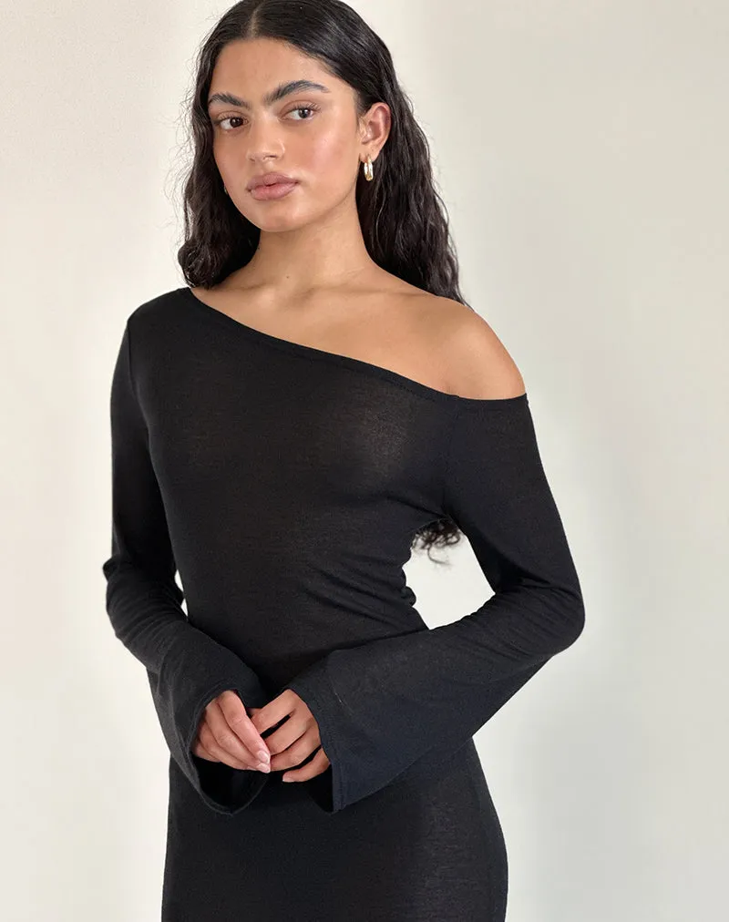 Aldiana Long Sleeve Asymmetric Maxi Dress in Sheer Knit Black