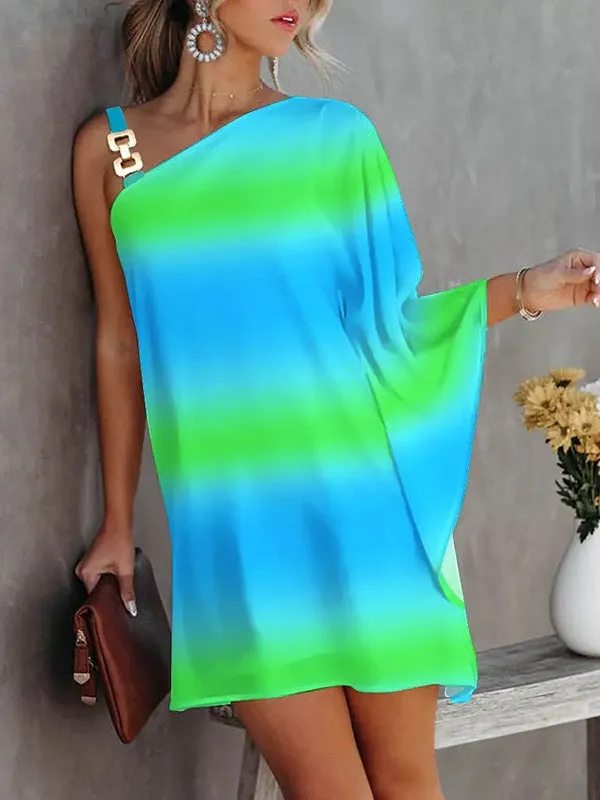 Batwing Sleeves Hollow Printed One-Shoulder Mini Dresses