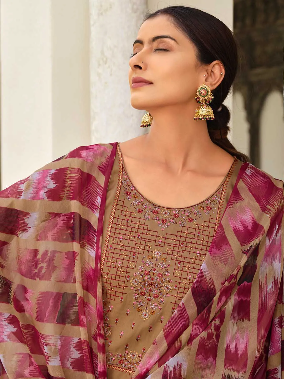 Beige Pure Jam Cotton Unstitched Suits with Heavy Embroidery Material