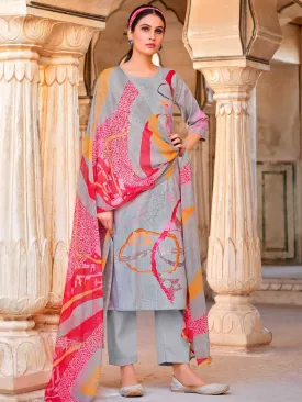 Belliza Cotton Linen Grey Unstitched Women Suit Set