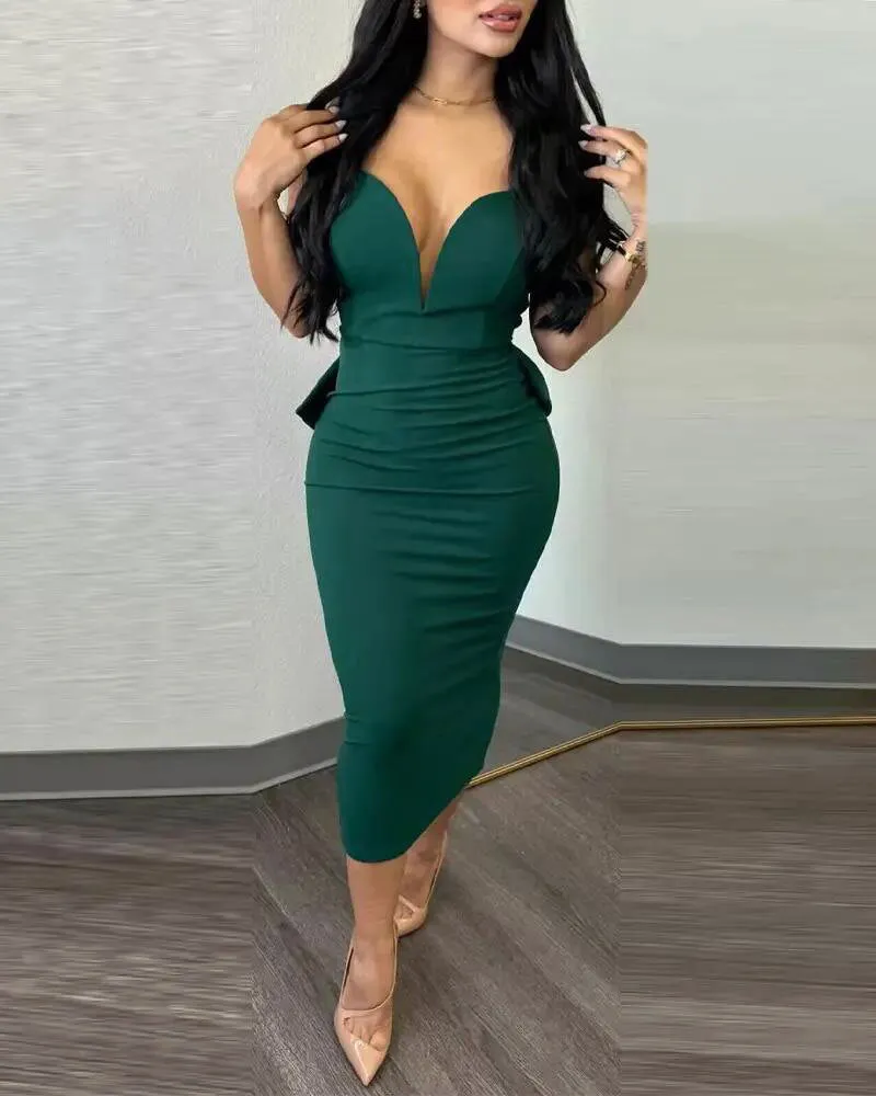 Bodycon Backless Deep V Plunge Bow Stretch Split Dress