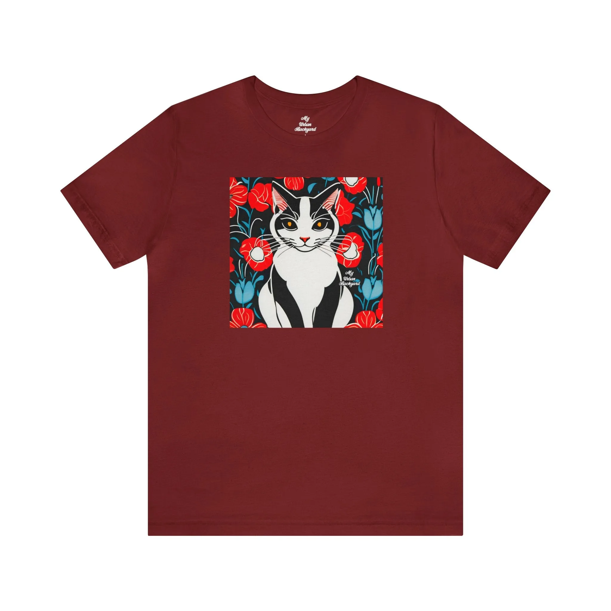 Cat with Red Flowers, Soft 100% Jersey Cotton T-Shirt, Unisex, Short Sleeve, Retail Fit