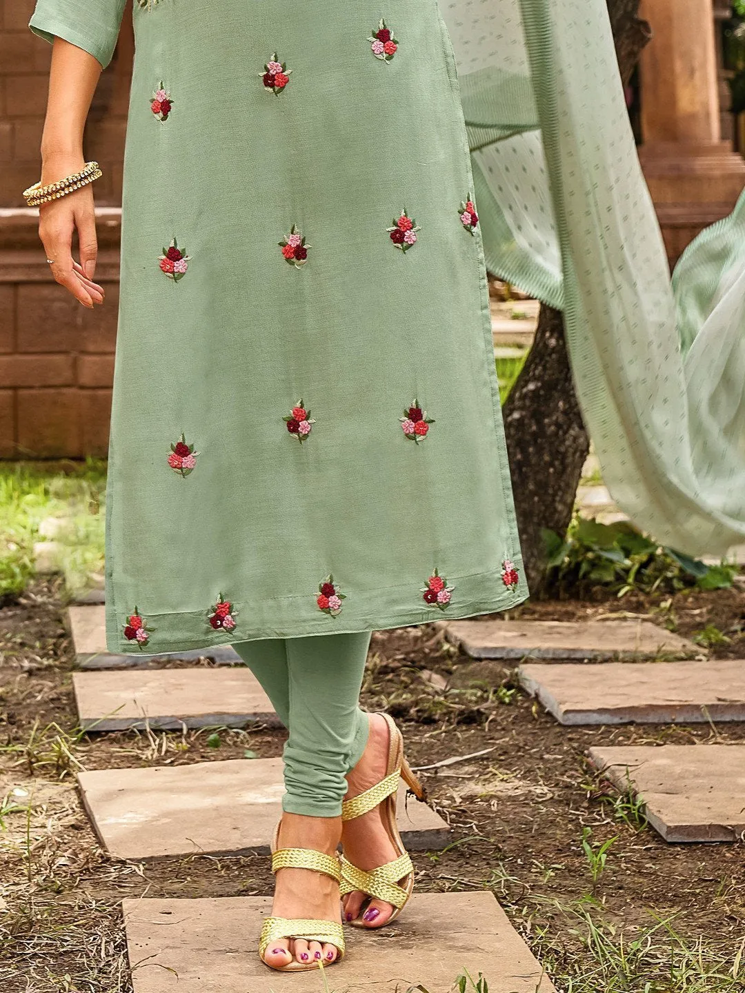 Chanderi Green Embroidered Unstitched Cotton Suit