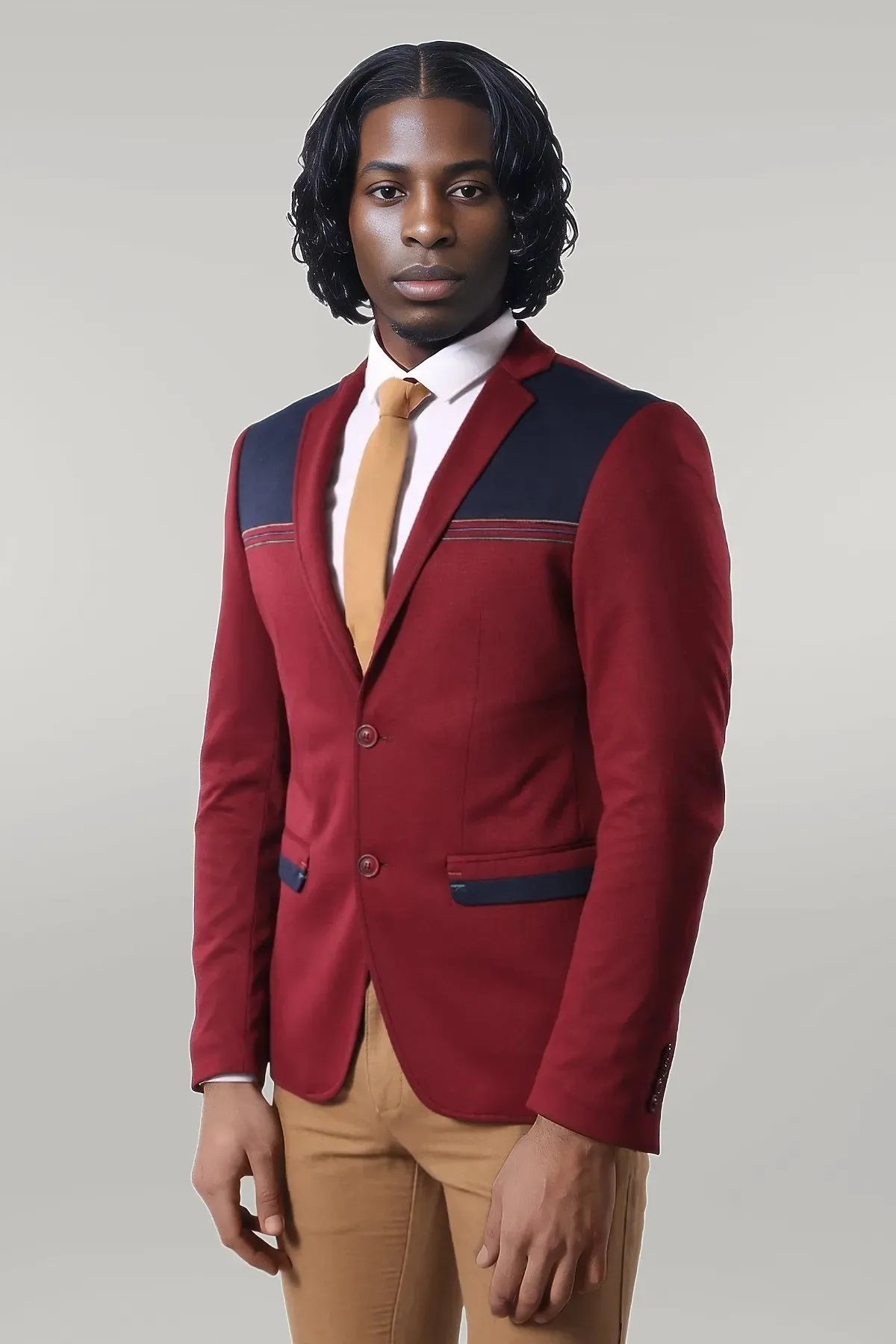 Collar Embroidery Combed Burgundy Men Jacket - Wessi