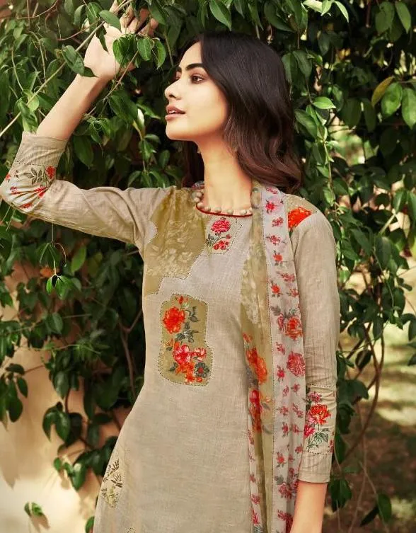 Cotton Linen Brown Unstitched Suit With Chiffon Dupatta