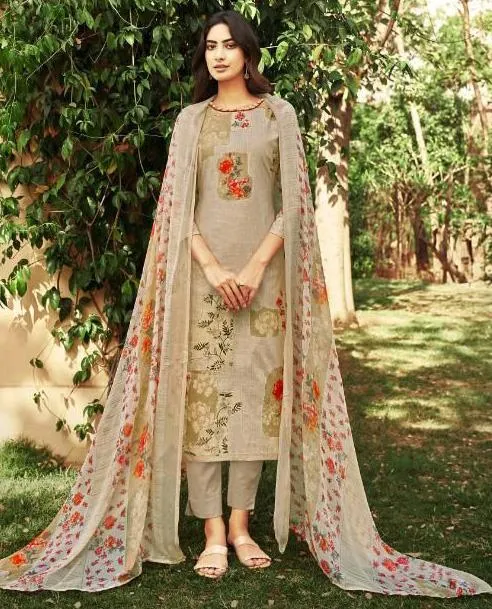 Cotton Linen Brown Unstitched Suit With Chiffon Dupatta