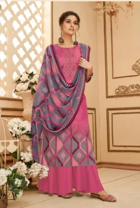 Cotton Unstitched Pink Salwar Suits Material with Chiffon Dupatta for Woman