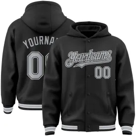 Custom Black Gray-White Bomber Full-Snap Varsity Letterman Hoodie Jacket