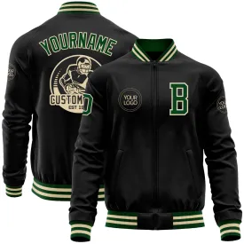 Custom Black Green-Cream Bomber Varsity Letterman Zipper Jacket