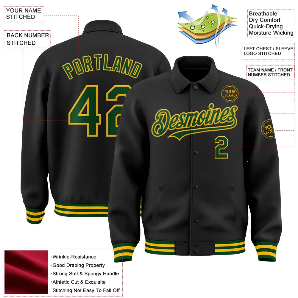 Custom Black Green-Gold Bomber Full-Snap Varsity Letterman Lapel Collar Byron Jacket