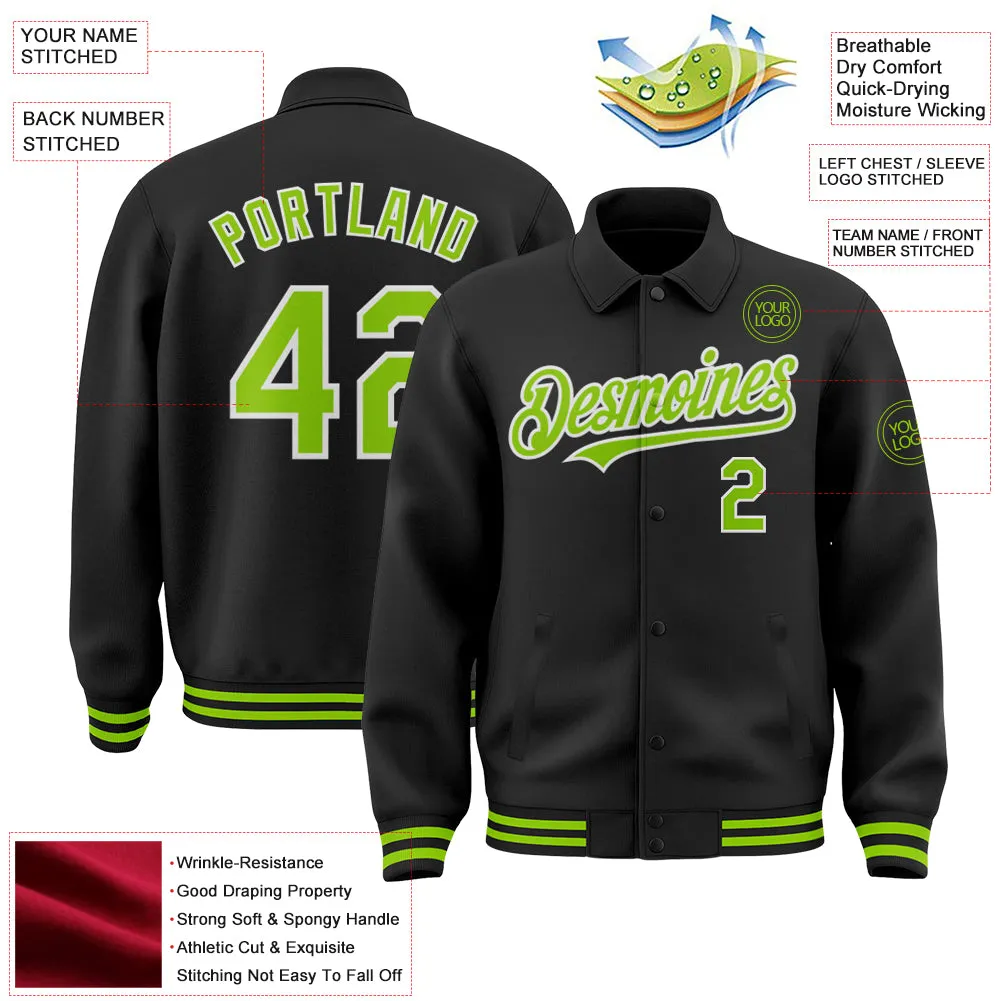 Custom Black Neon Green-White Bomber Full-Snap Varsity Letterman Lapel Collar Byron Jacket