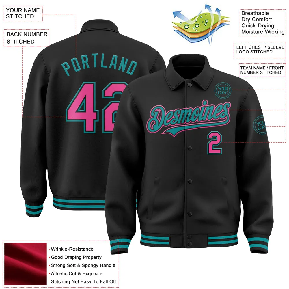 Custom Black Pink-Teal Bomber Full-Snap Varsity Letterman Lapel Collar Byron Jacket