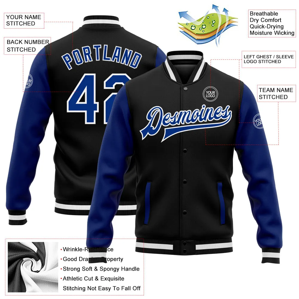 Custom Black Royal-White Bomber Full-Snap Varsity Letterman Two Tone Jacket