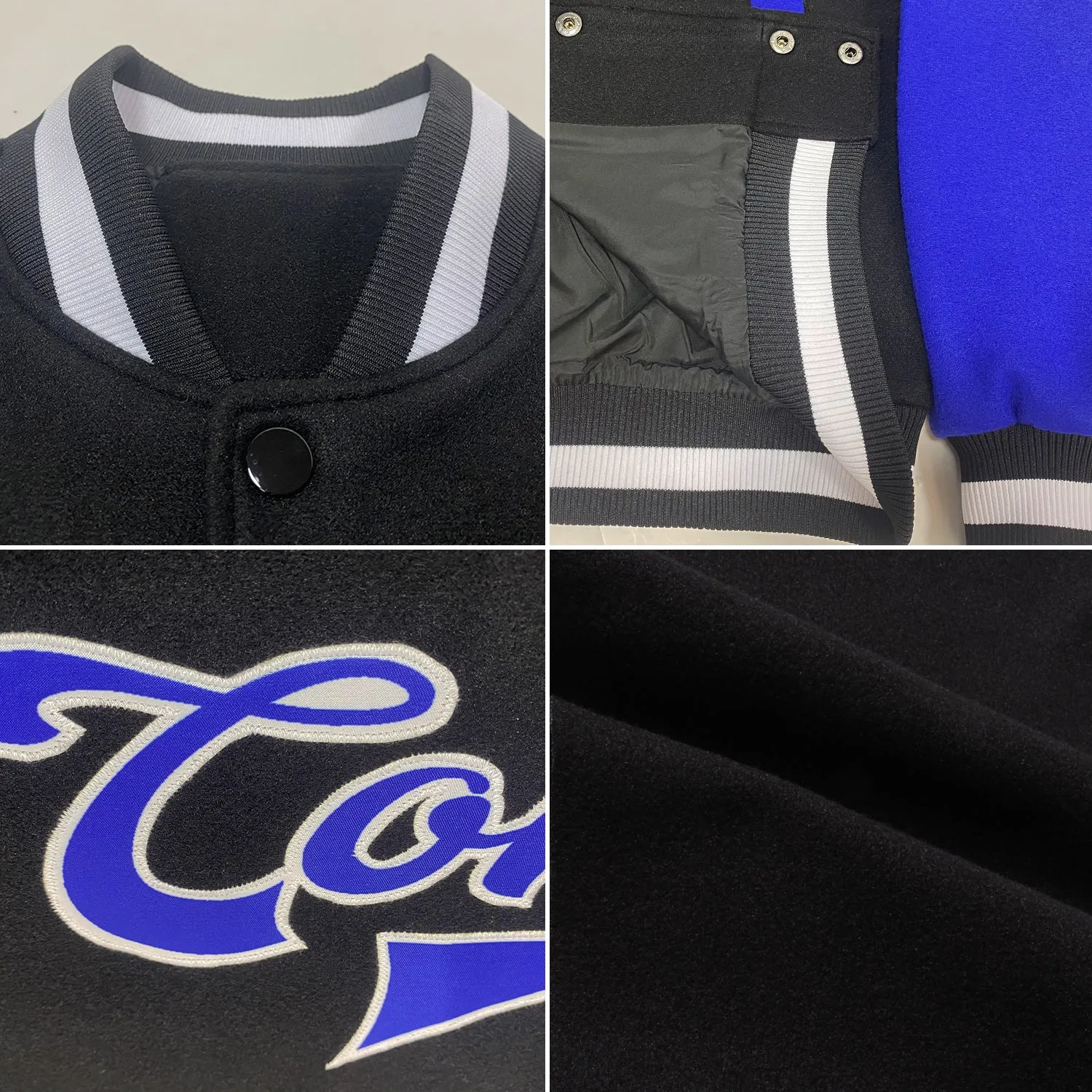 Custom Black Royal-White Bomber Full-Snap Varsity Letterman Two Tone Jacket