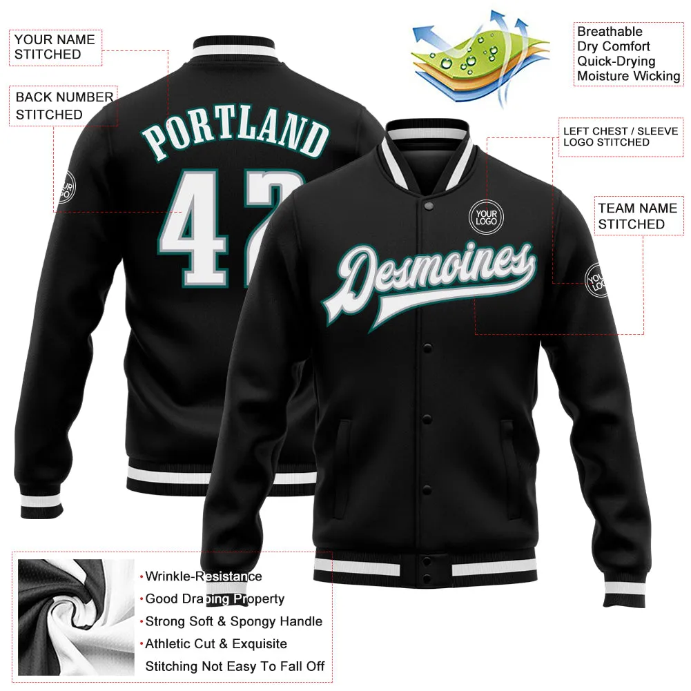 Custom Black White Gray-Midnight Green Bomber Full-Snap Varsity Letterman Jacket