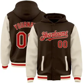 Custom Brown Red-Cream Bomber Full-Snap Varsity Letterman Two Tone Hoodie Jacket