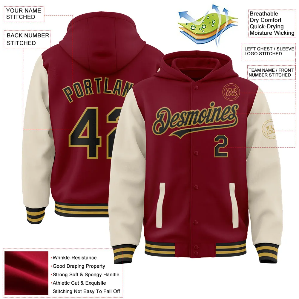 Custom Crimson Black Cream-Old Gold Bomber Full-Snap Varsity Letterman Two Tone Hoodie Jacket