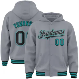 Custom Gray Black-Teal Bomber Full-Snap Varsity Letterman Hoodie Jacket