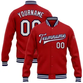 Custom Red White-Navy Bomber Full-Snap Varsity Letterman Jacket