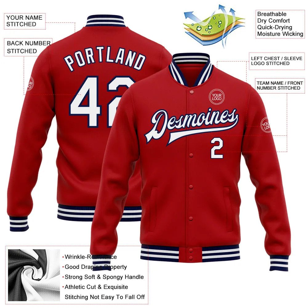 Custom Red White-Navy Bomber Full-Snap Varsity Letterman Jacket