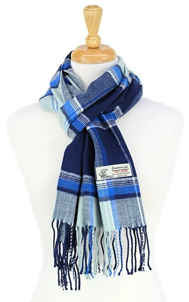 DBS032 Cashmere Feel scarves Tartan Grey Blue 12pcs Pack