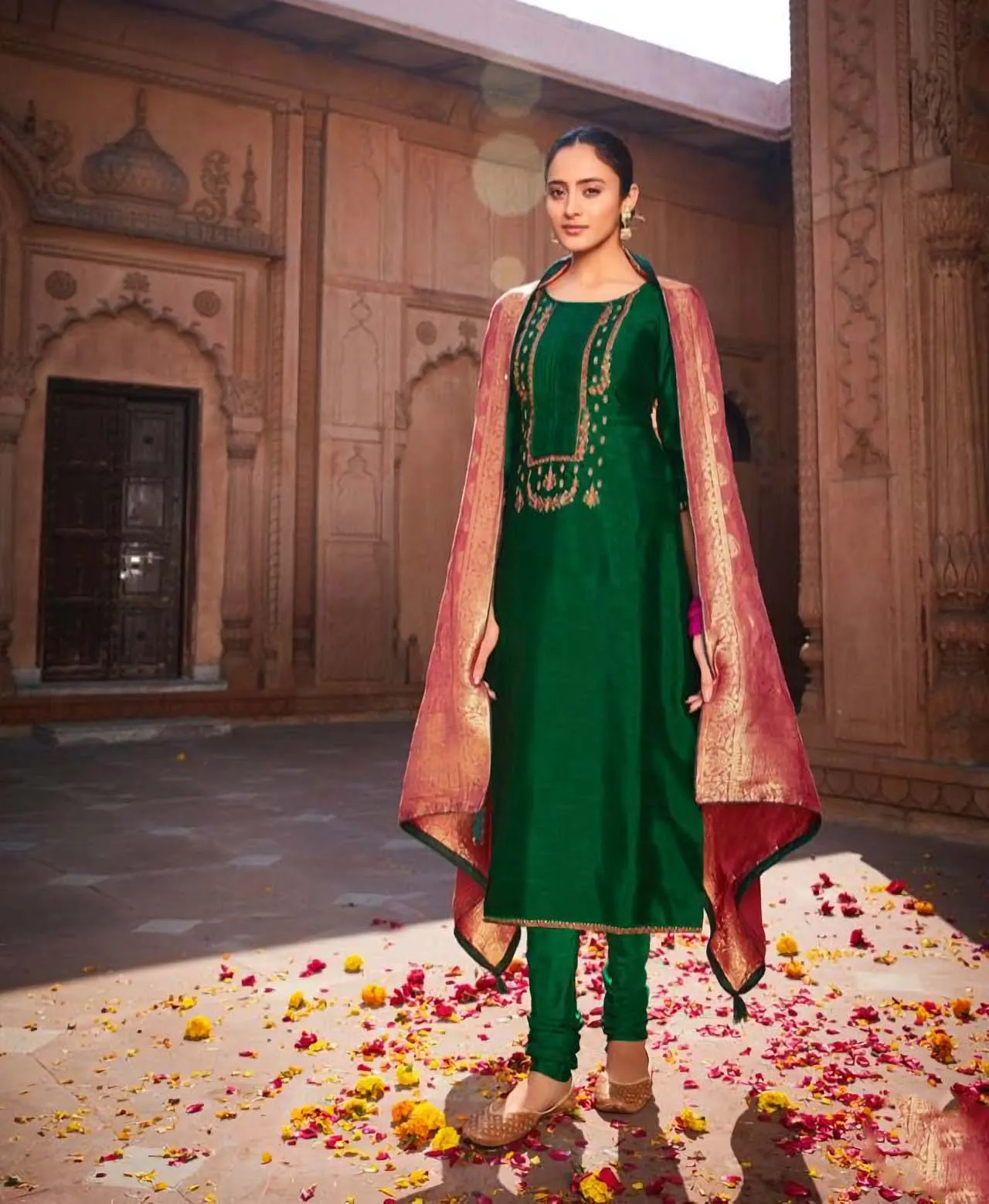 Deepsy Festive Wear Green Unstitched Heavy Silk Salwar Suits