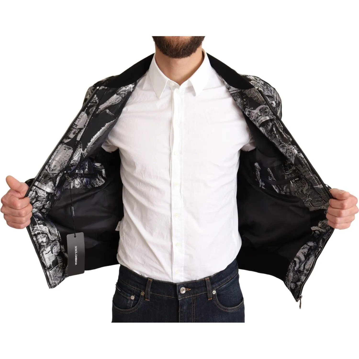 Dolce & Gabbana Elegant Black Bomber Jacket with Silver Details