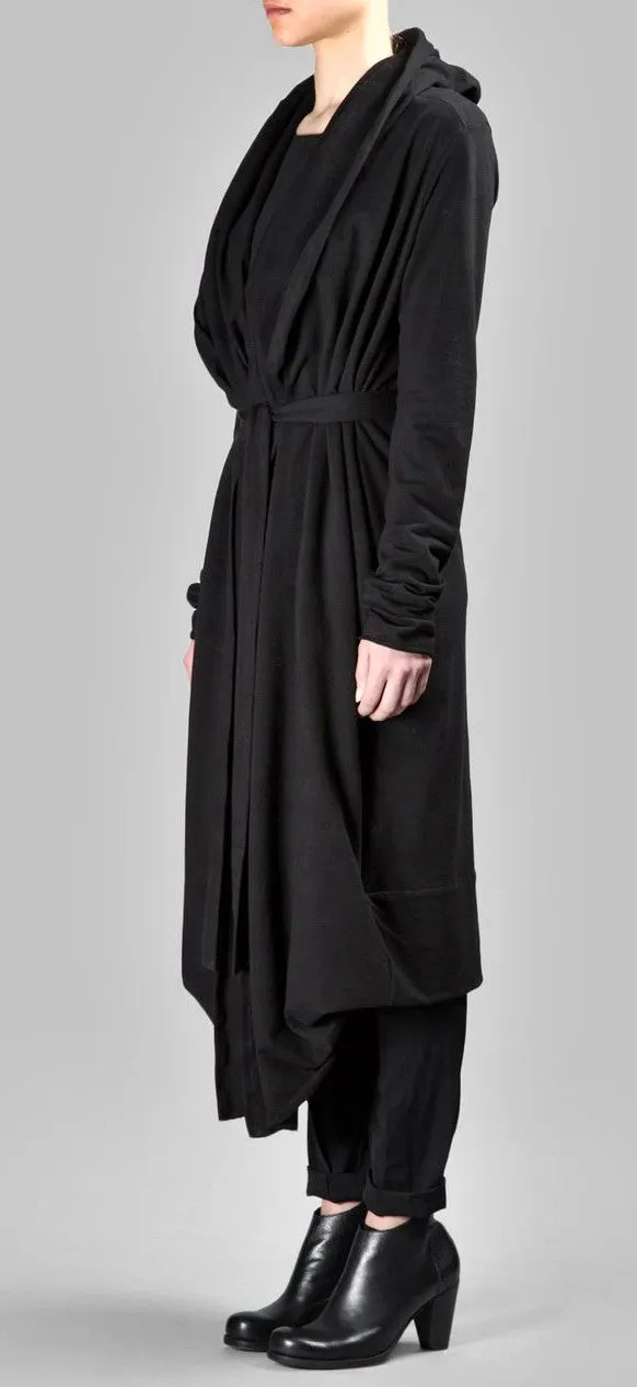 Draped Women's BLACK Long Overlong Oversized Hooded Belted CARDIGAN / Shawl Cardigan