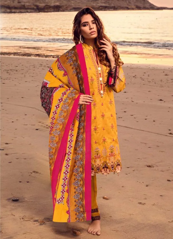 Emaan Adeel Women lawn Unstitched Yellow Pakistani Suits With Mal Mal Duppata