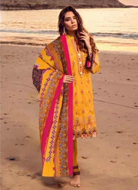 Emaan Adeel Women lawn Unstitched Yellow Pakistani Suits With Mal Mal Duppata