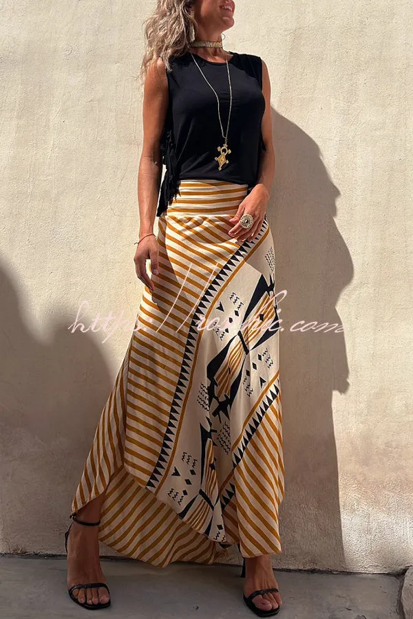 Eva Satin Geometric Print Elastic Waist Maxi Skirt