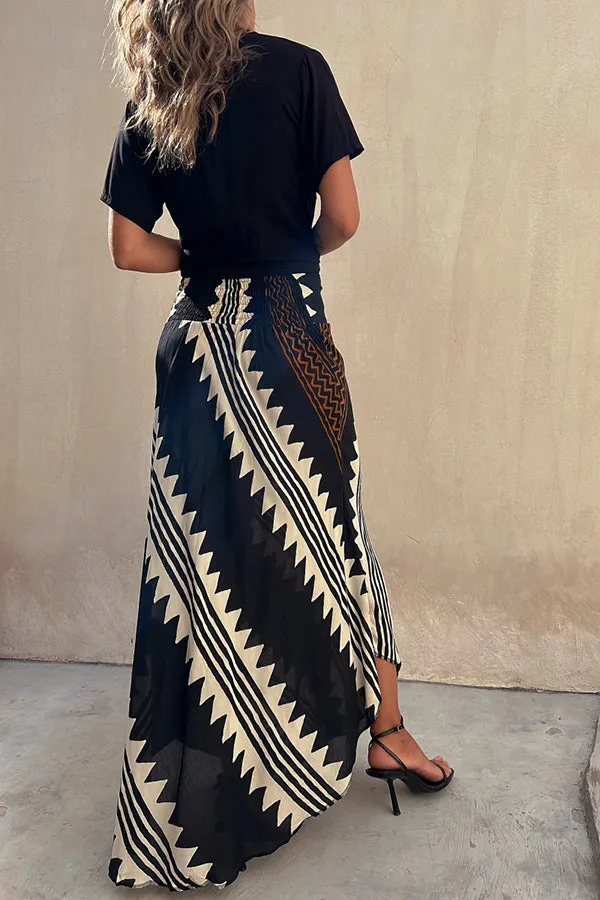 Eva Satin Geometric Print Elastic Waist Maxi Skirt