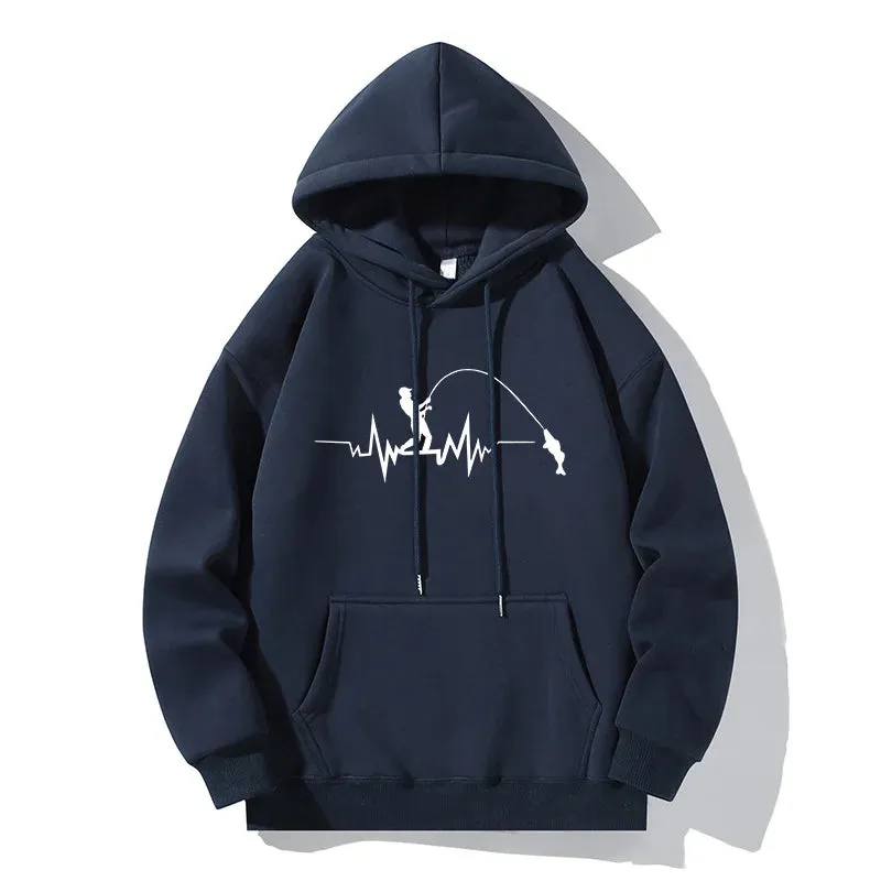 Fashion Heartbeat Line Fishing Old Print Hoodie Casual Hooded Long Sleeve Pullover Sweatshirt