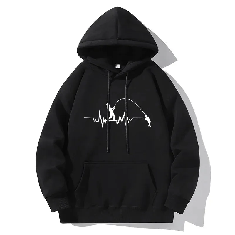 Fashion Heartbeat Line Fishing Old Print Hoodie Casual Hooded Long Sleeve Pullover Sweatshirt