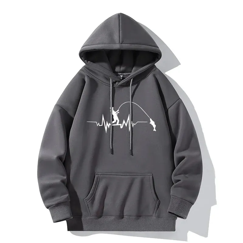 Fashion Heartbeat Line Fishing Old Print Hoodie Casual Hooded Long Sleeve Pullover Sweatshirt