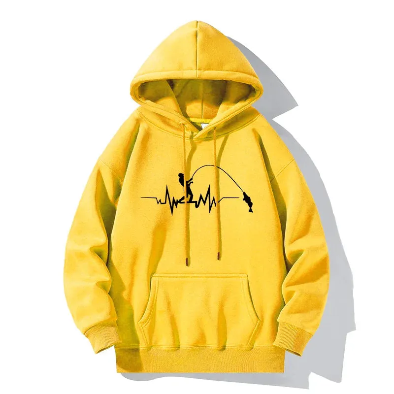 Fashion Heartbeat Line Fishing Old Print Hoodie Casual Hooded Long Sleeve Pullover Sweatshirt