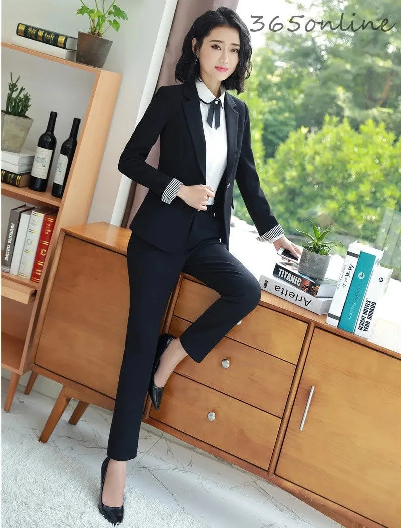 Fashion Patchwork Novelty Uniform Styles Women Business Suits Autumn Winter Ladies Office Work Wear Blazers Sets Pantsuits