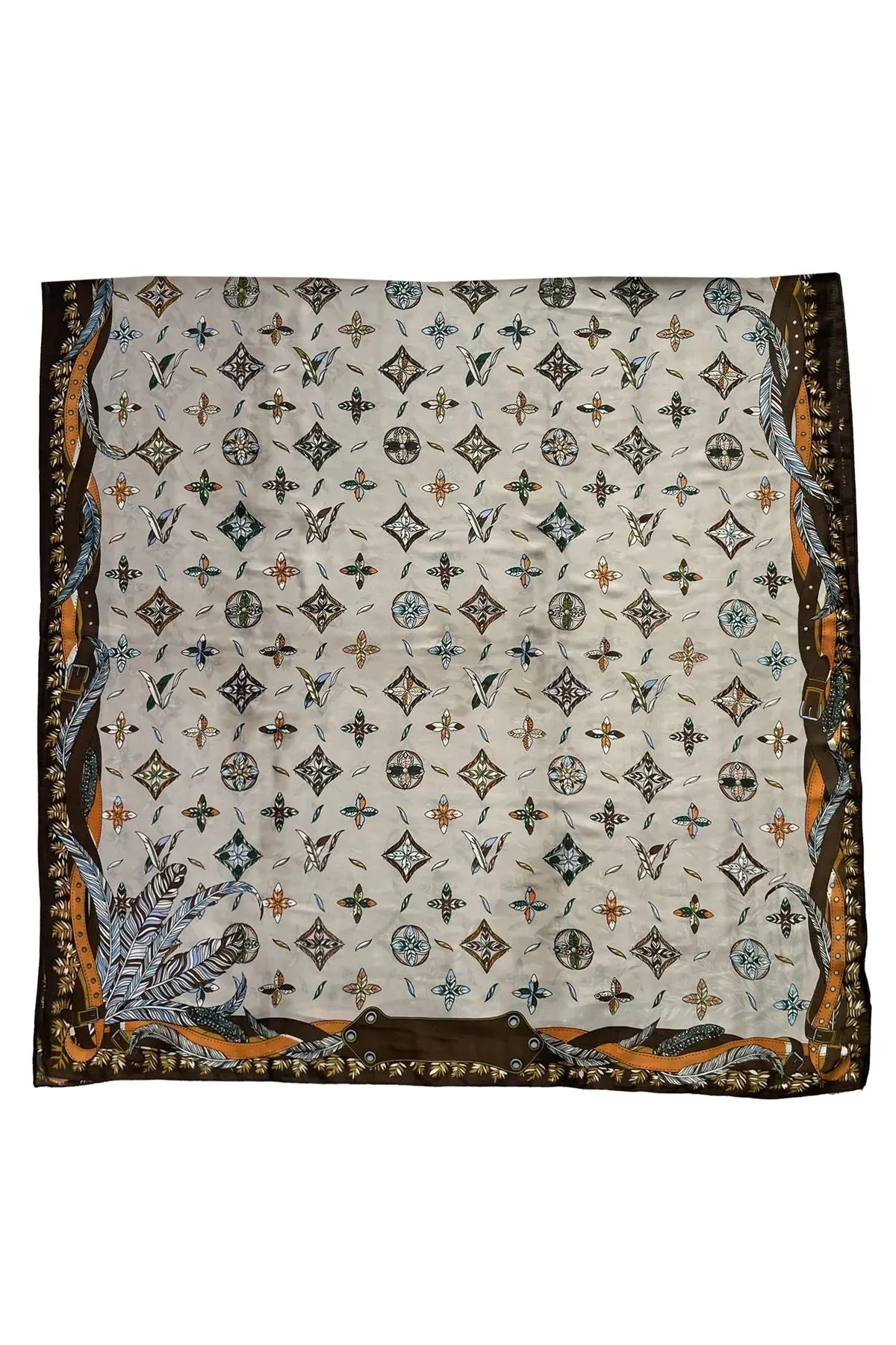 Feather & Floral Print Silk Scarf - Brown