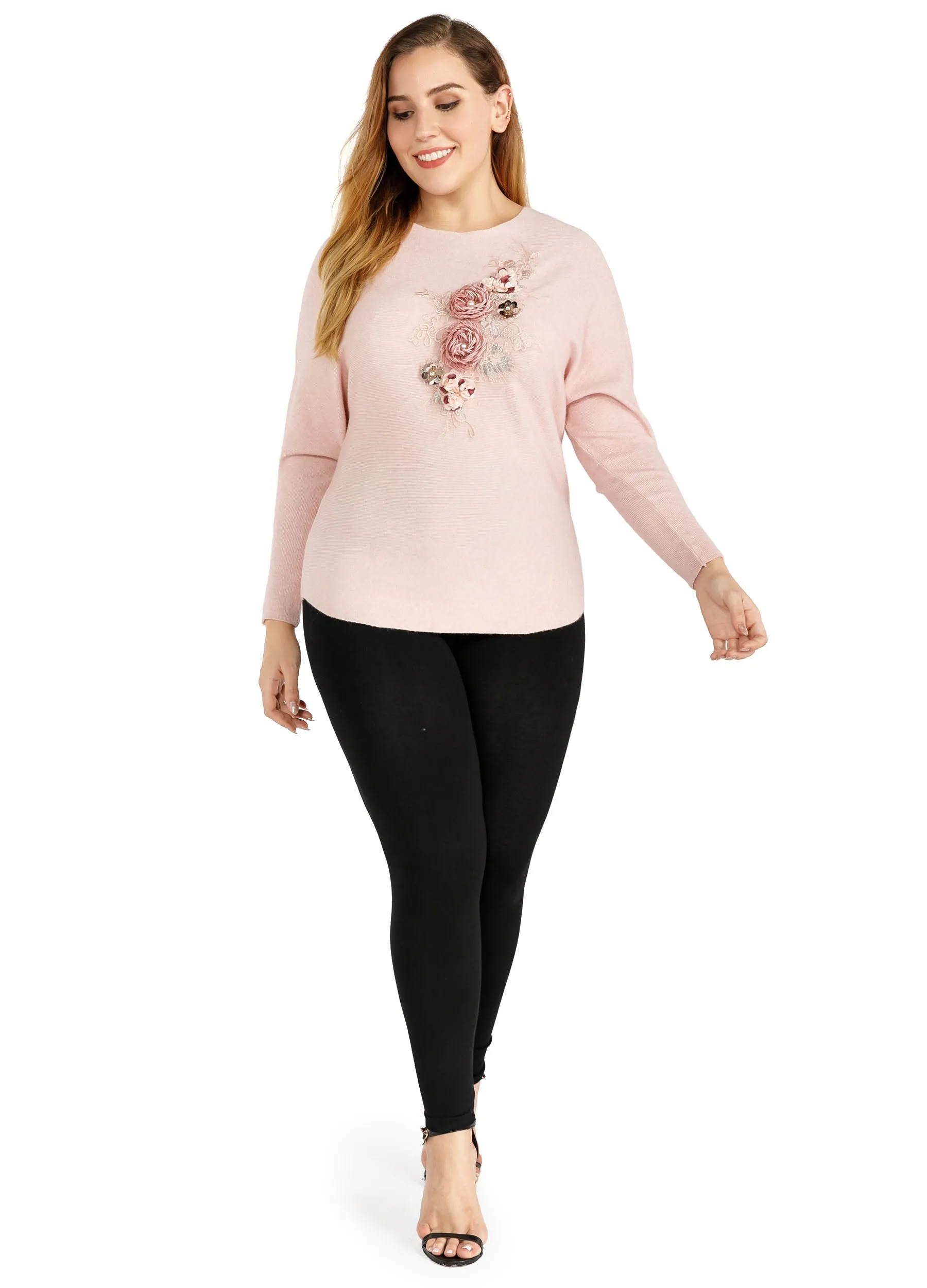 FINEPEEK Women's Fall/Winter 3D Floral Adorn Round Neck Pullover Sweater (Clearance)