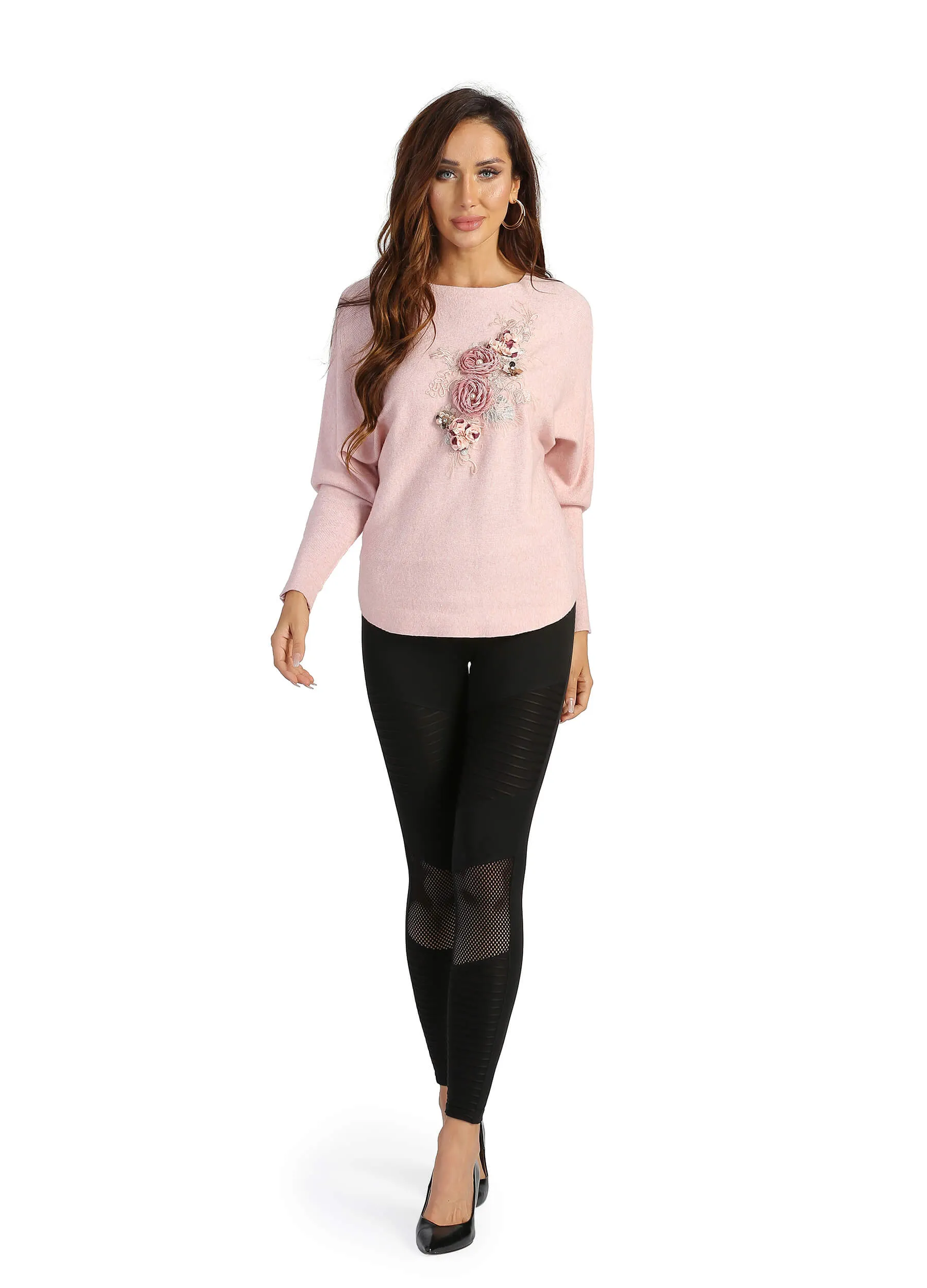 FINEPEEK Women's Fall/Winter 3D Floral Adorn Round Neck Pullover Sweater (Clearance)