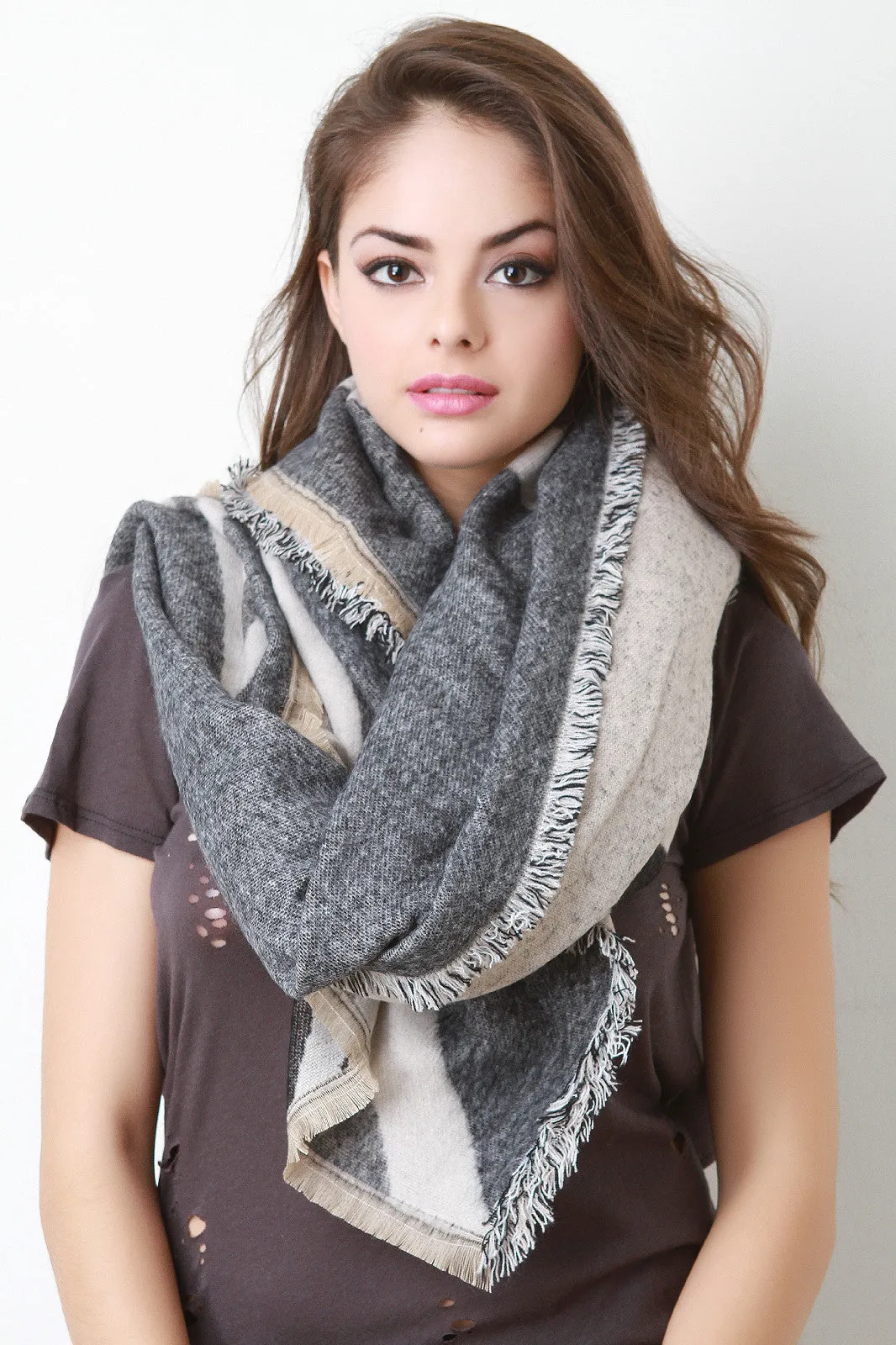 Geo Pattern Woven Square Frayed Scarf