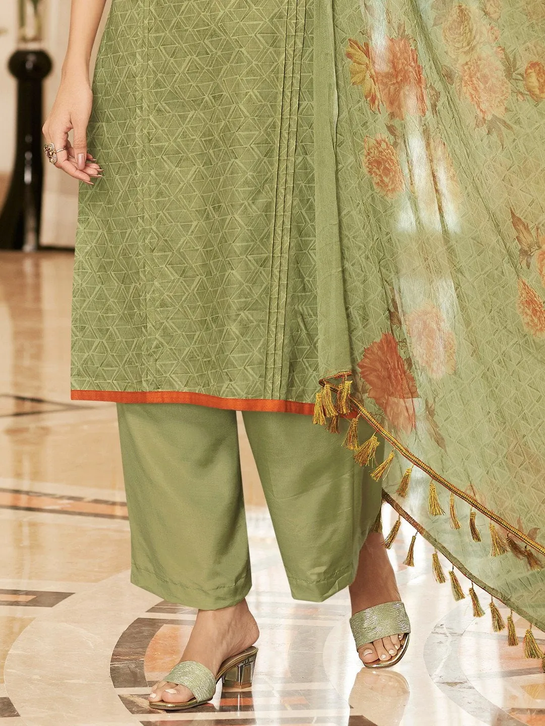 Green Cotton Printed Unstitched Suit with Dupatta