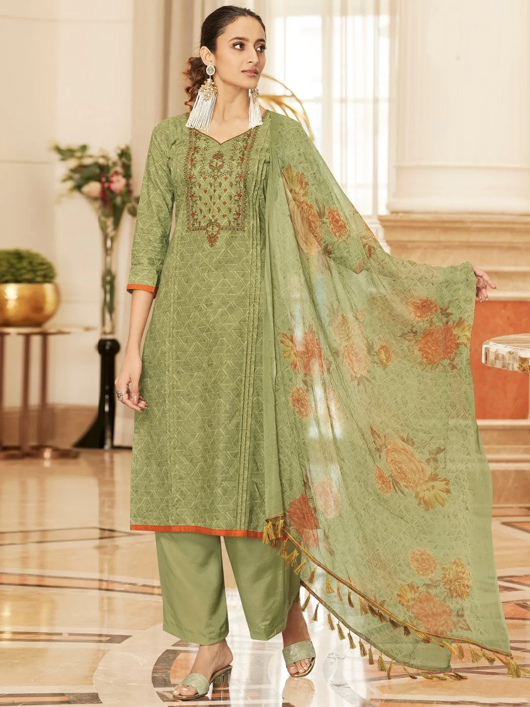 Green Cotton Printed Unstitched Suit with Dupatta