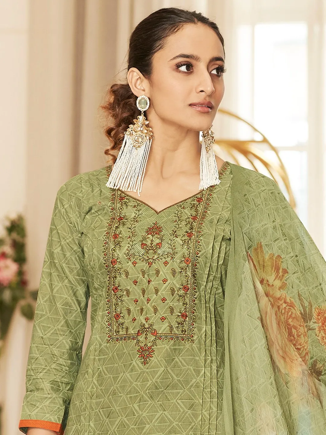 Green Cotton Printed Unstitched Suit with Dupatta