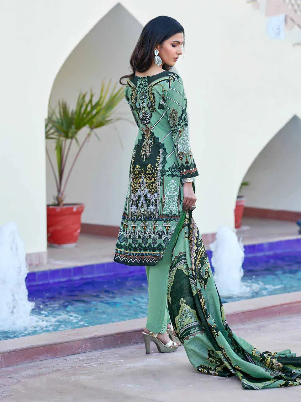 Green Pakistani Style Lawn Cotton Suit Material for Women