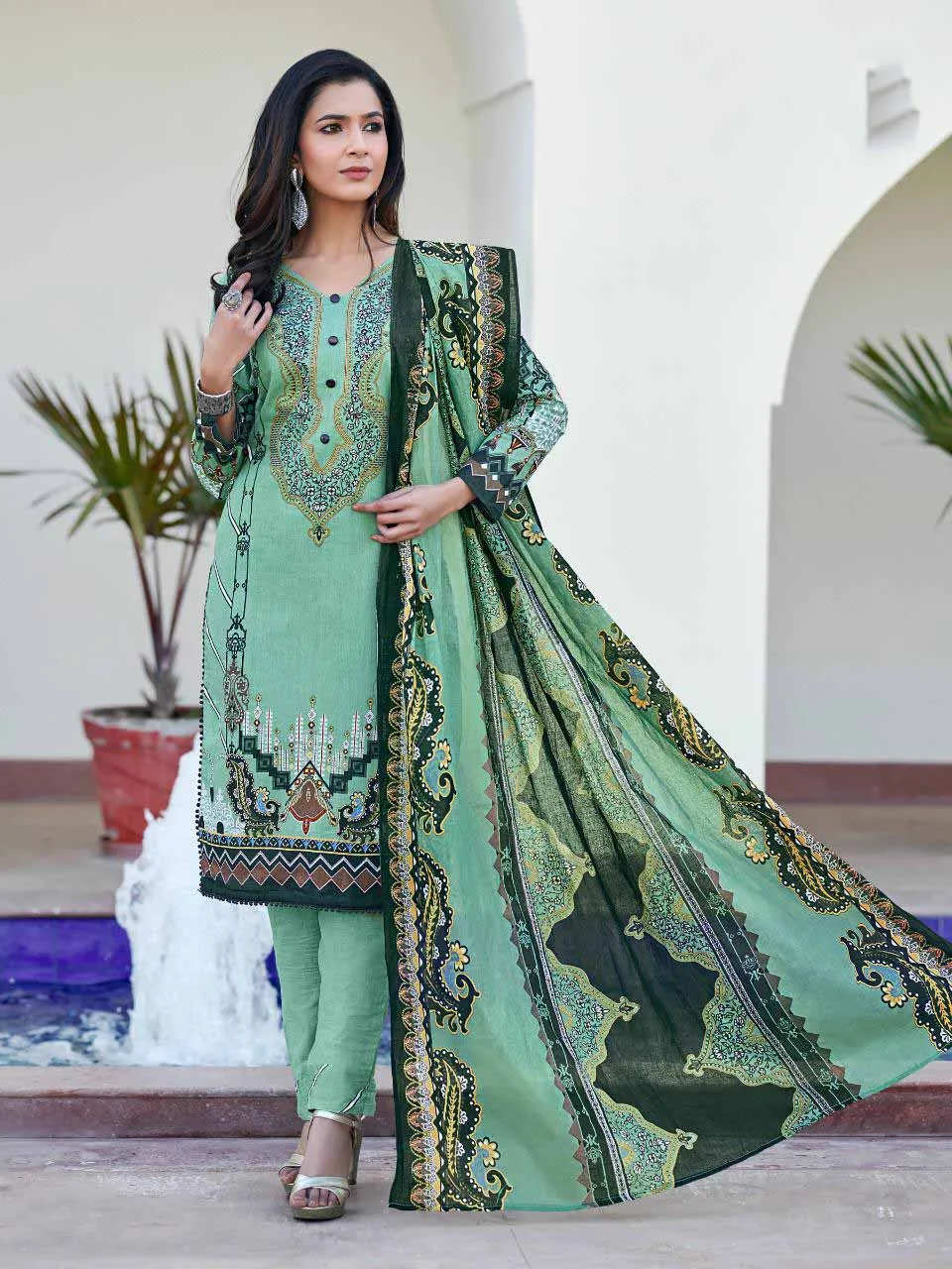 Green Pakistani Style Lawn Cotton Suit Material for Women